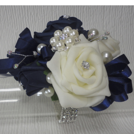 Navy Blue & Ivory Blingy Embellished Wrist Corsage